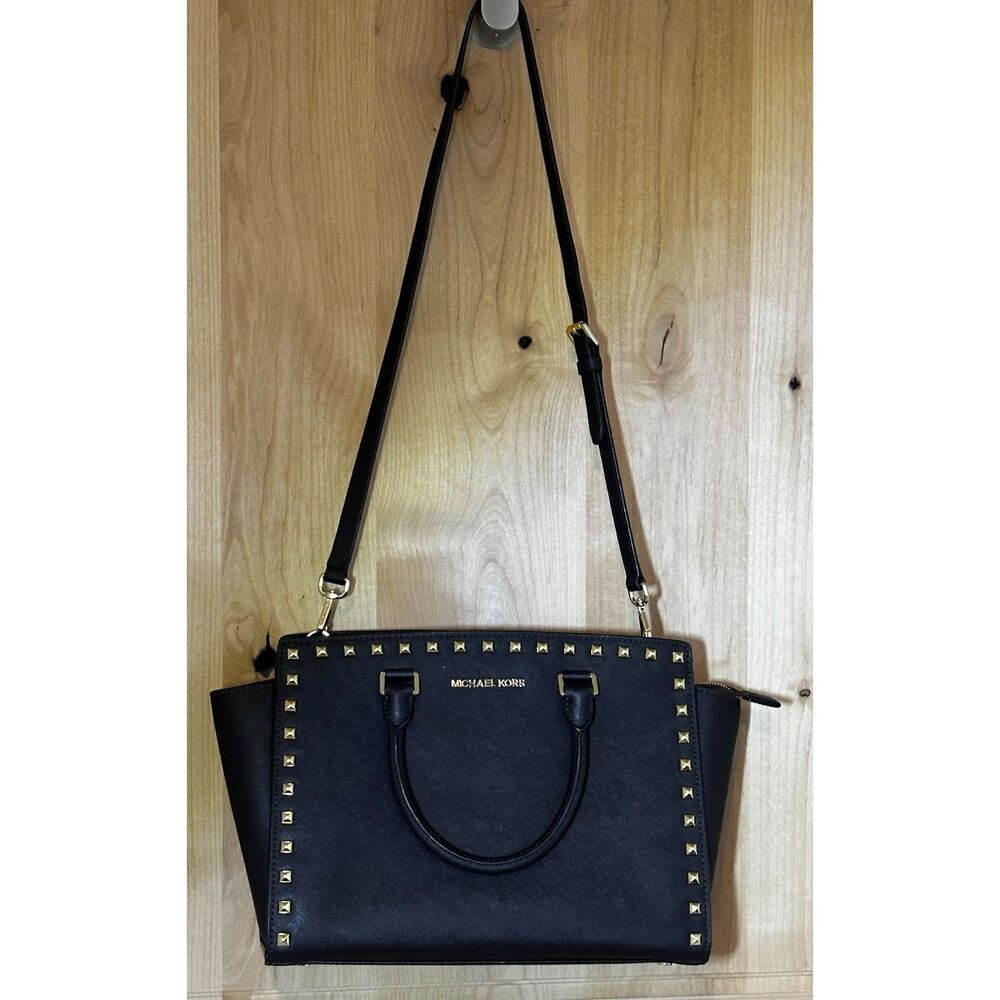 Michael Kors Brown Selma Leather with Gold Studded Tote with Long strap EUC